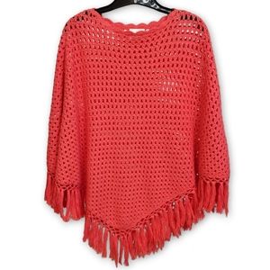 JULIE BROWN NYC Fringed Crochet Poncho Bright Coral Orange Pink Small